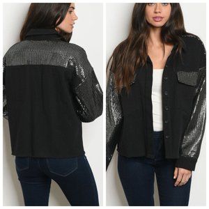 HONEY PUNCH Black Denim Silver Sequin Jacket NEW!